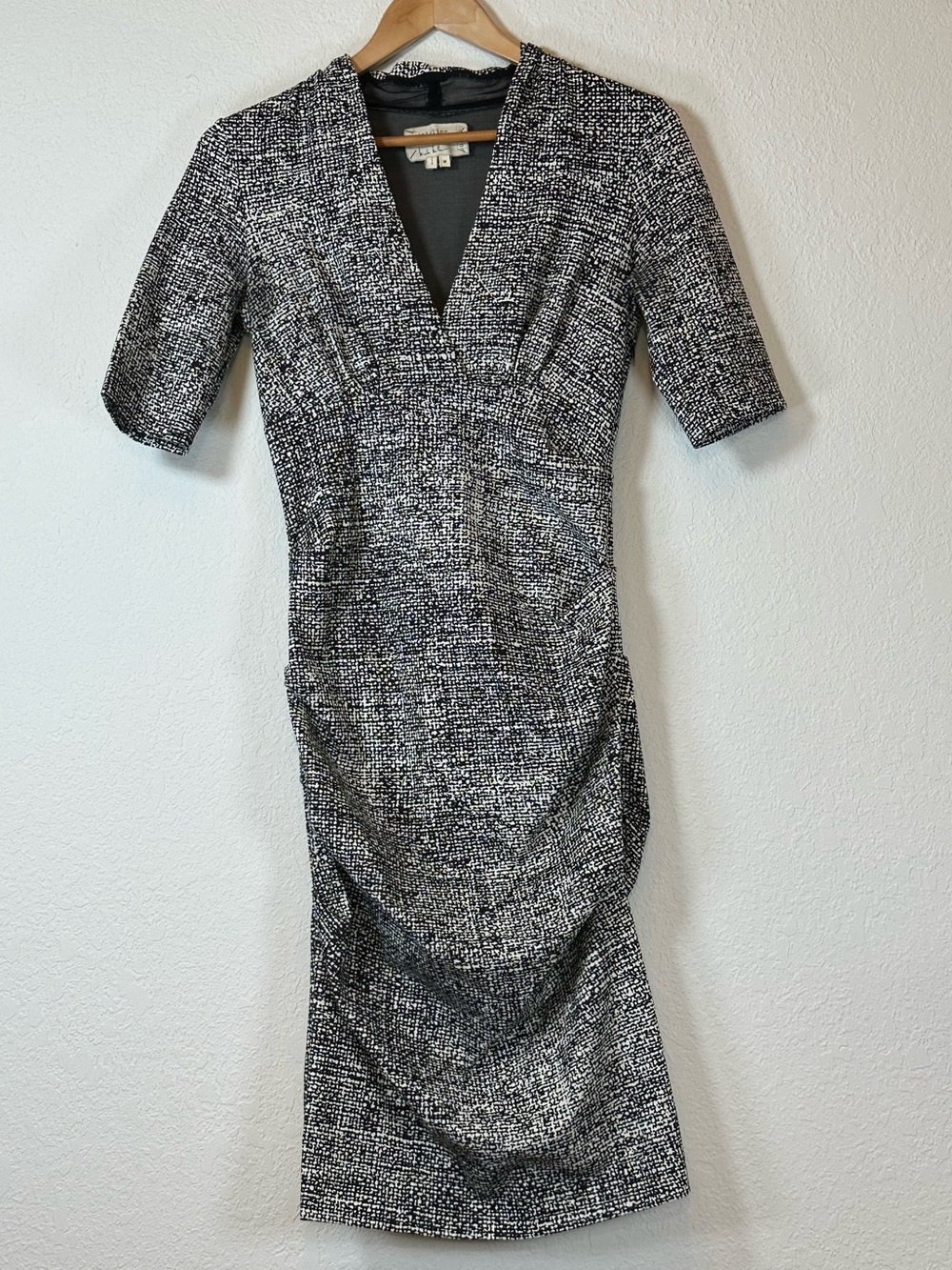 Nicole Miller Black and White Ruched V-Neck Midi Dress